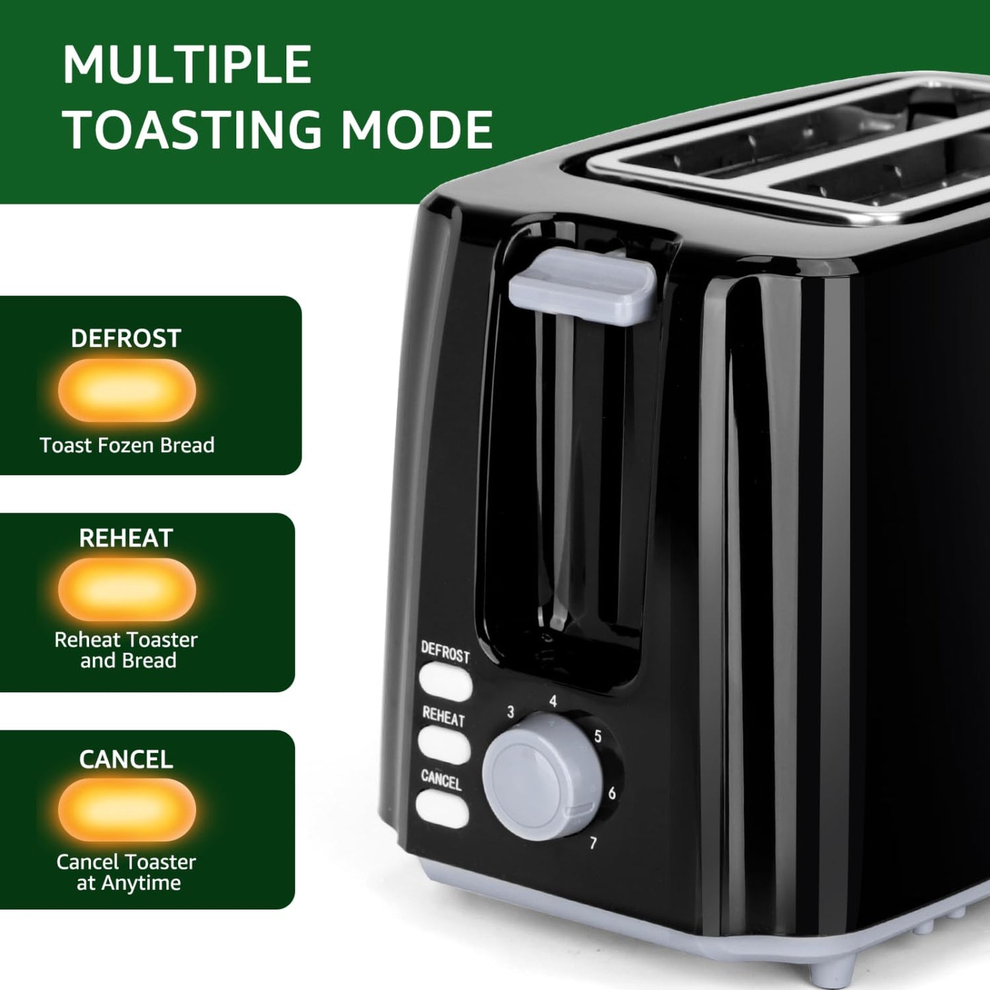 Aigostar Toaster,7 Einstellbare Bräunungsstufe + Auftau- & Aufwärmfunktion,2 Breite Toastschlitze,750W, Sandwichtoaster Schwarz