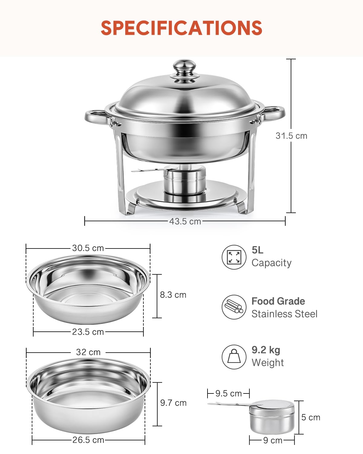 Wilprep 5L 4Set Rund Chafing Dish Edelstahl Speisenwärmer Wärmebehälter Suppenwärmer Bain Marie Speisen Warmhaltebehälter ideal für Events & Partys