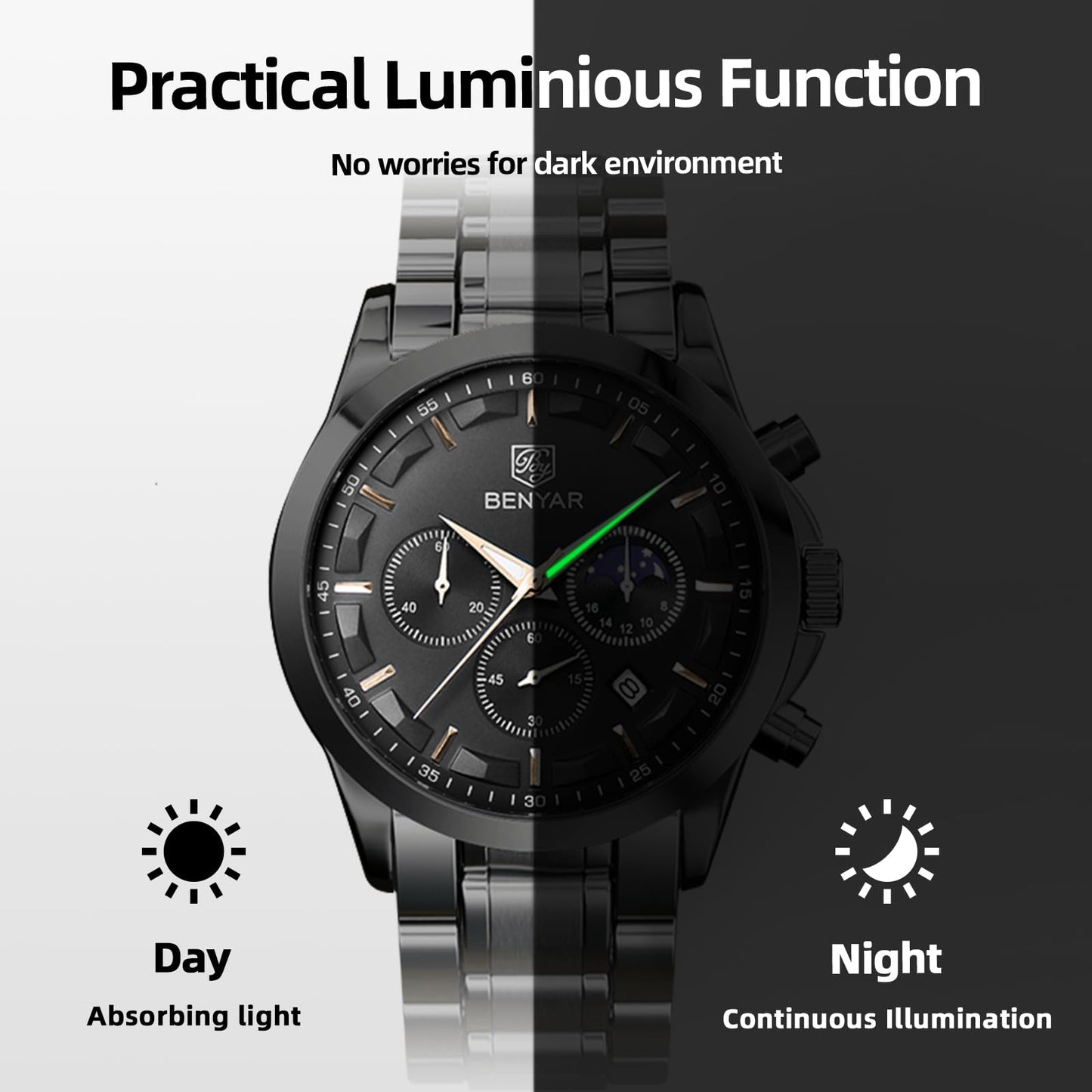 BY BENYAR Uhren Herren Edelstahl Armbanduhr Herren Chronograph Analog Quarz Wasserdicht Herrenuhr Leuchtende Datum Mode Lässig Business-Kleid Uhren Elegantes Geschenk fur Männer