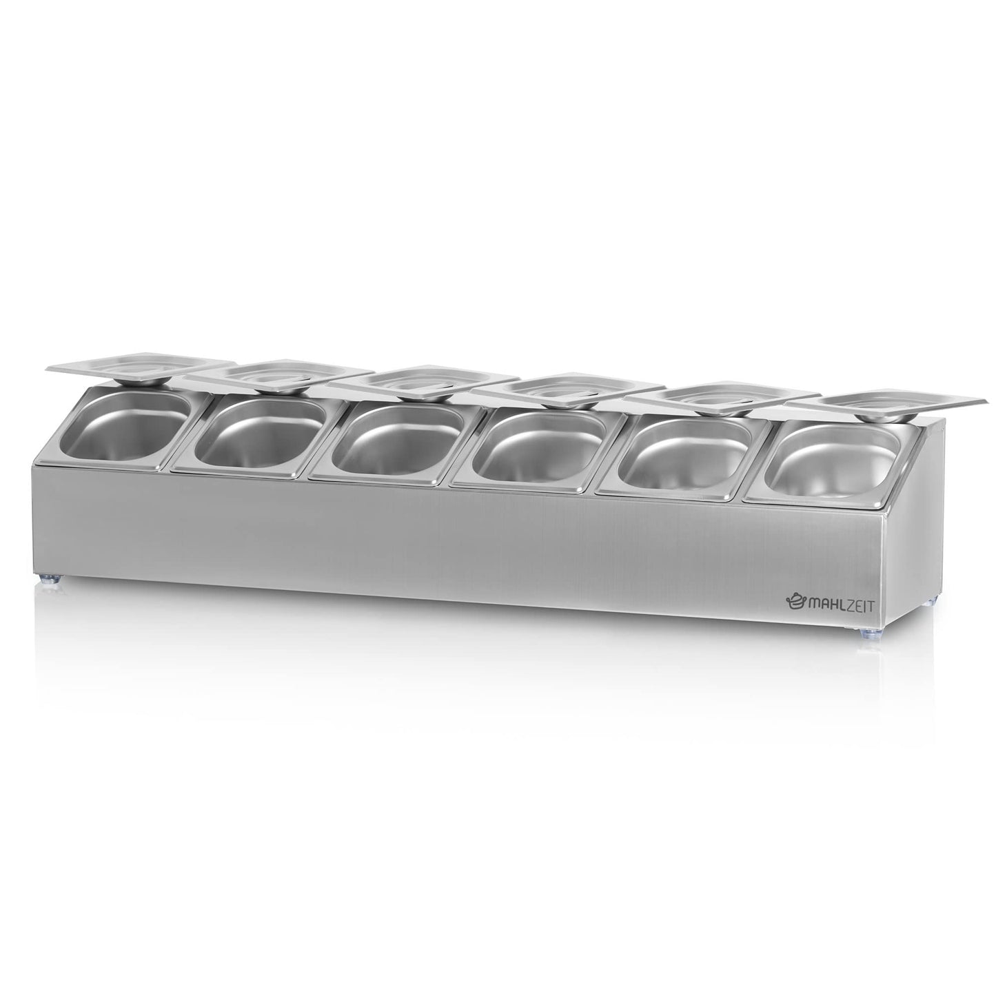Mahlzeit Edelstahl Zutatenbehälter | 6 x 1/6 GN Catering Behälter mit Gummifüßen | 102,5 x 24,5 x 21,5 cm | Cocktail Zutatenbehälter Bar für Gastro, Küche, Pizza Station, Buffet Zubehör, Salatbar