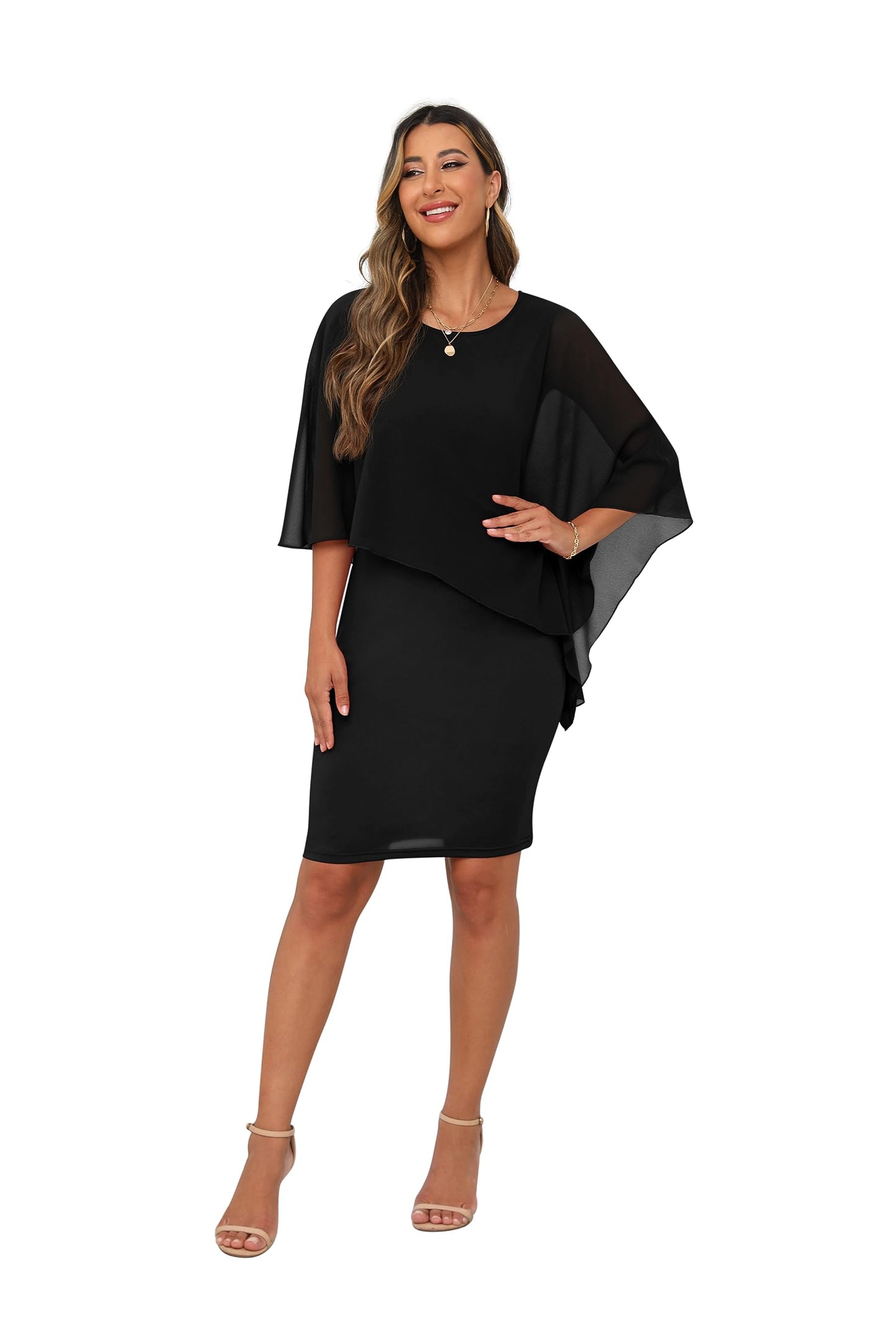 QIXING Damen Chiffon Cape Cocktialkleid Rundhals Ausschnitt Bleistiftkleid Sommerkleid Damen Knielang Elegant Abendkleid Mit Overlay Casual Bodycon Kleider (Schwarz, L)