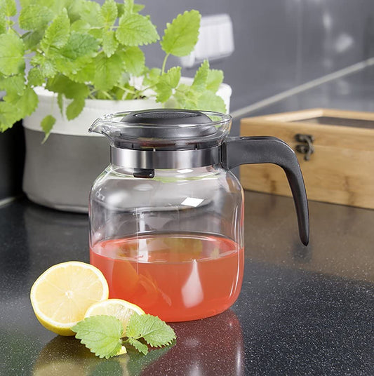 wenco Glaskanne 1,25 l - Ideal für Tee, Kaffee und Kaltgetränke, hitzebeständig, mit Deckel und Ausguss-Öffnung - Spülmaschinenfest und bruchsicher - Transparent/Schwarz