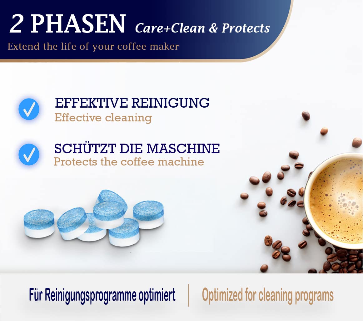Pflegeset für Kaffeevollautomaten & Kaffeemaschinen. 2-Phasen Reinigungstabletten 40 Stück a 3,5g & Entkalkungstabletten 50 x 16g kompatibel mit Jura Siemens Bosch uvm "Made in Germany"