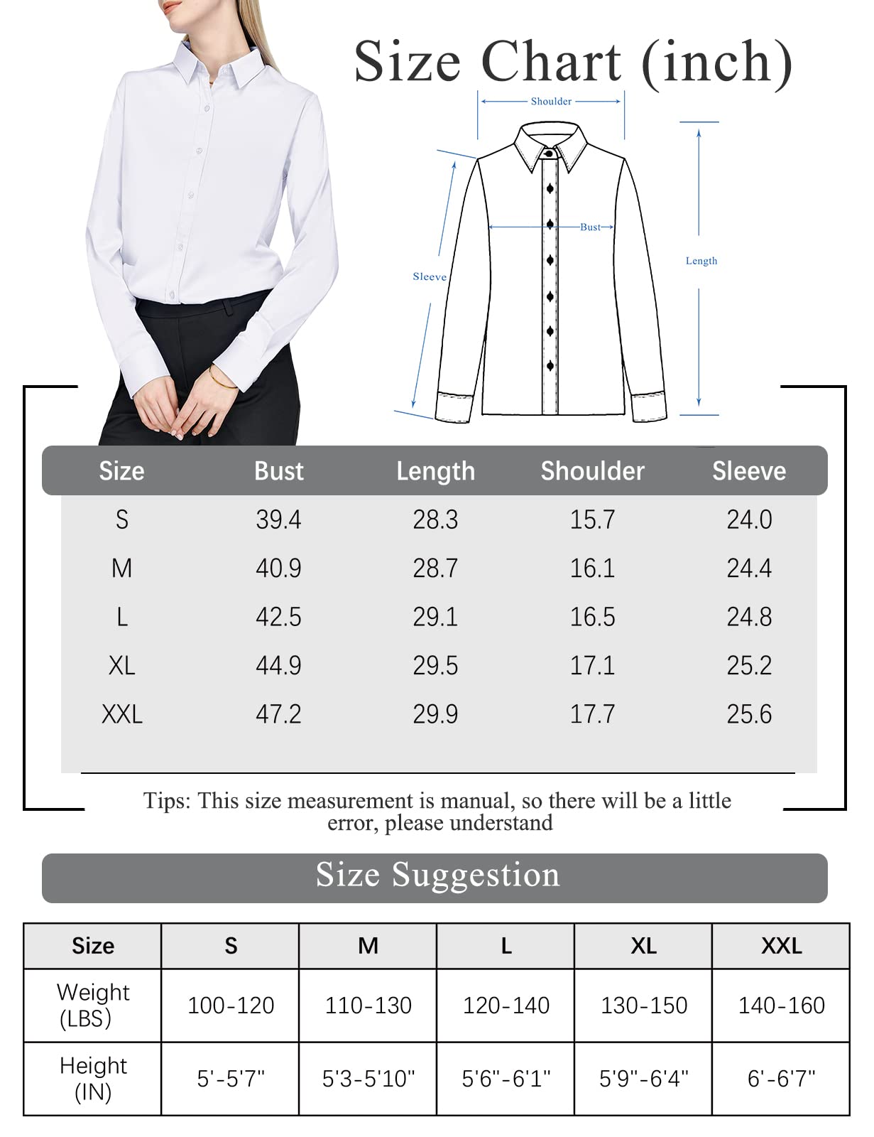 Tapata Damen Button Down Shirts Klassisch Fit Lange Ärmel Blusen Stretch Tops für Arbeit Business Casual Dressy Weiß Small