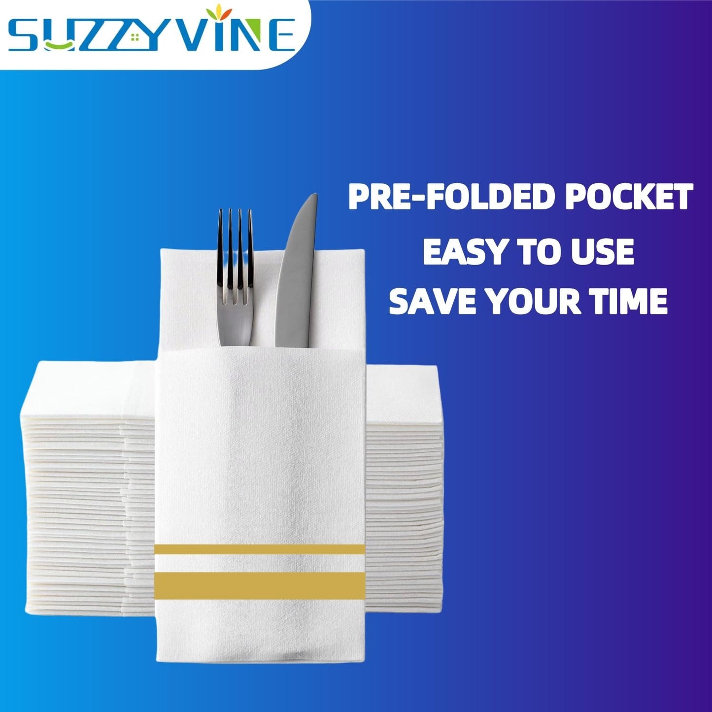 SUZZYVINE Goldene Einweg-Servietten mit integrierter Bestecktasche, Stoffähnliche Lunch-Servietten für Hochzeit, Party, Leinen-Gefühl, 50 Stück, 40,6 x 40,6 cm