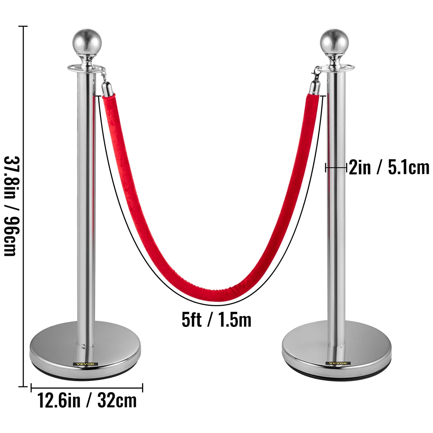 VEVOR Edelstahl Absperrpfosten Seil Abgrenzungsständer Kugelkopf 3 Rote Samtseile Silberne Säule 4 Packung Crowd Control Barriers