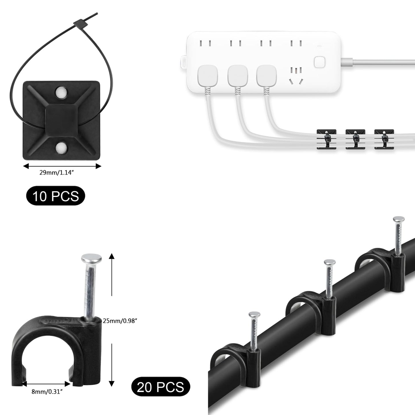 SOULWIT Kabelmanagement Kit, 4 Kabelschläuche, 7 Silikon Kabelhalter, 20+2 Kabelbinder Selbstklebend, 37 Kabelklemmen Groß, 100 Kabelbinder, 20 Kabelschelle Nagelschellen, 10 Klebesockel für TV PC