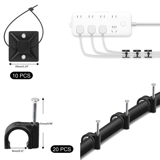 SOULWIT Kabelmanagement Kit, 4 Kabelschläuche, 7 Silikon Kabelhalter, 20+2 Kabelbinder Selbstklebend, 37 Kabelklemmen Groß, 100 Kabelbinder, 20 Kabelschelle Nagelschellen, 10 Klebesockel für TV PC