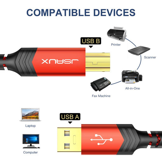 JSAUX USB Druckerkabel 3M Scannerkabel USB B Kable USB A auf USB B Drucker Kabel Printer Cable Kompatibel für HP, Canon, Brother, Epson, Lexmark, Xerox, Samsung, Dell - ROT