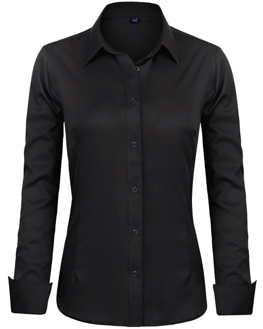 J.VER Bluse Damen Casual Business Bluse Damen Button Down Shirts Klassische Langarm Kragen Tops Bügelleichtes Modern Oberteil,Schwarz,3XL