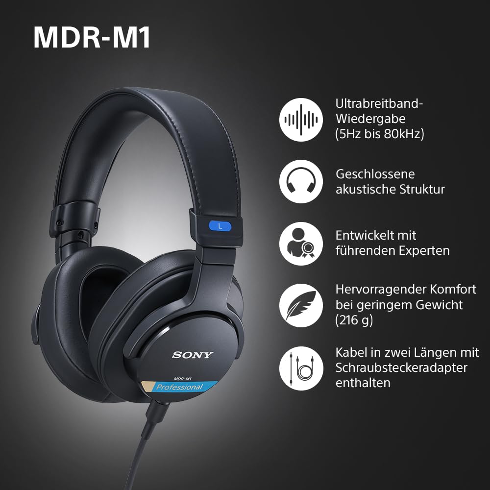 Sony MDR-M1 Studio-Kopfhörer mit geschlossenem Rücken - kabelgebunden, Ultra-Breitband-Wiedergabe (5Hz-80kHz), ideal für Studioaufnahmen und -abmischungen, leicht (216g), 2 abnehmbare Kabel, schwarz