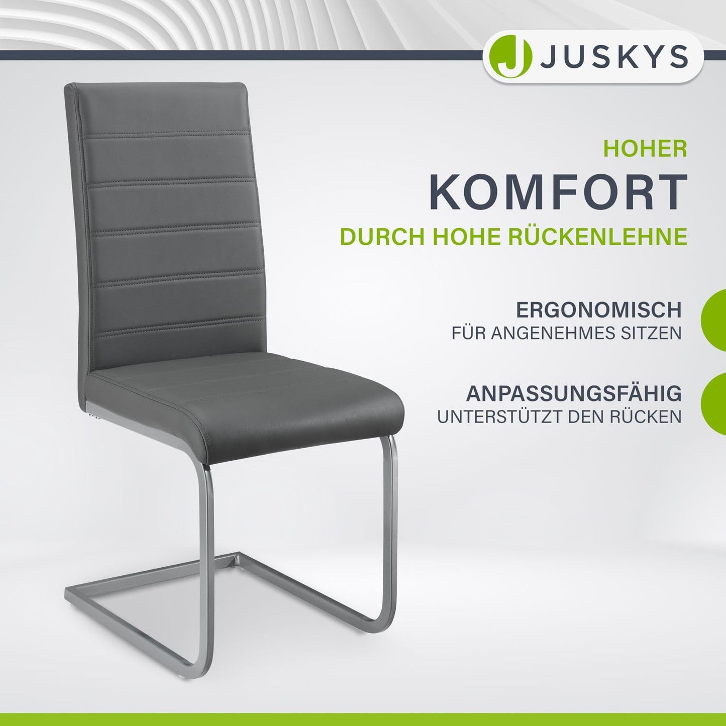 Juskys Freischwinger Schwingstuhl Vegas 4er Set - 4 Esszimmerstühle mit Rückenlehne, Küchenstühle aus Metall & Kunstleder - Stühle modern für Esszimmer, Wohnzimmer & Küche - Grau