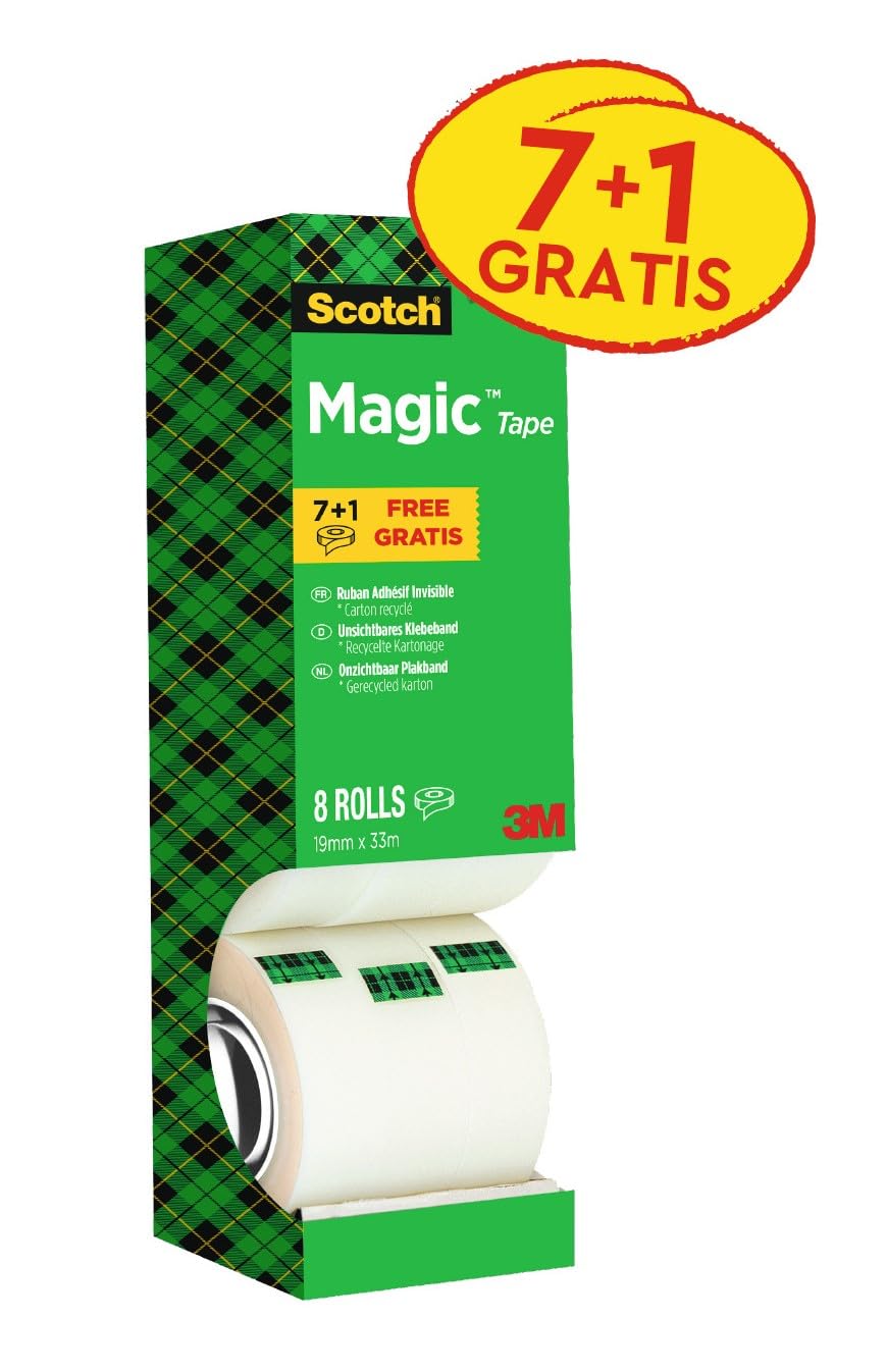 Scotch Magic Tape - Vorteilspack 8 Rollen, 19 mm x 33 m - Unsichtbares Klebeband für allgemeine Zwecke zur Reparatur, Etikettierung und Versiegelung von Dokumenten