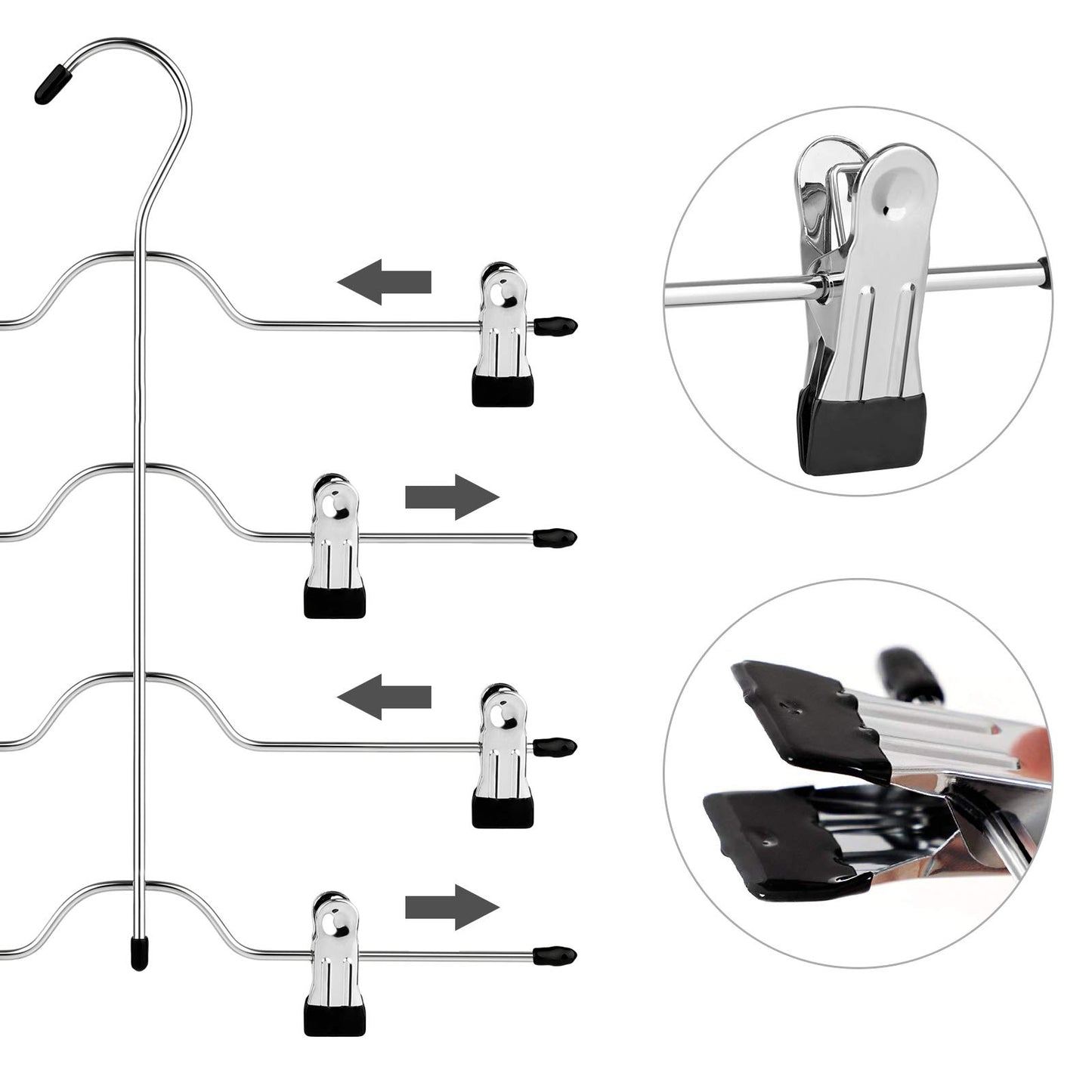SONGMICS Hosenbügel platzsparend, Mehrfach-Rockbügel mit Clips, 3er Set, Kleiderbügel aus Metall, für je 4 Hosen, mit 8 verstellbaren Klammern, rutschfest, für Hosen, 32 cm, silbern-schwarz CRI042BK
