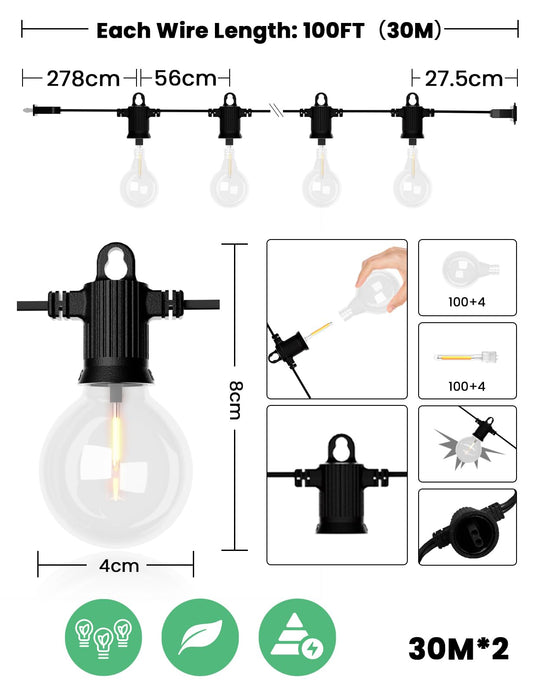 ZOTOYI Lichterkette Außen Glühbirnen 60M, IP65 Wasserdicht Outdoor Lichterkette Strom mit 100+4 G40 LED Bruchsicher Glühbirnen Plastik, Innen&Außen Lichterketten für Garten,Party,Terrasse,Balkon