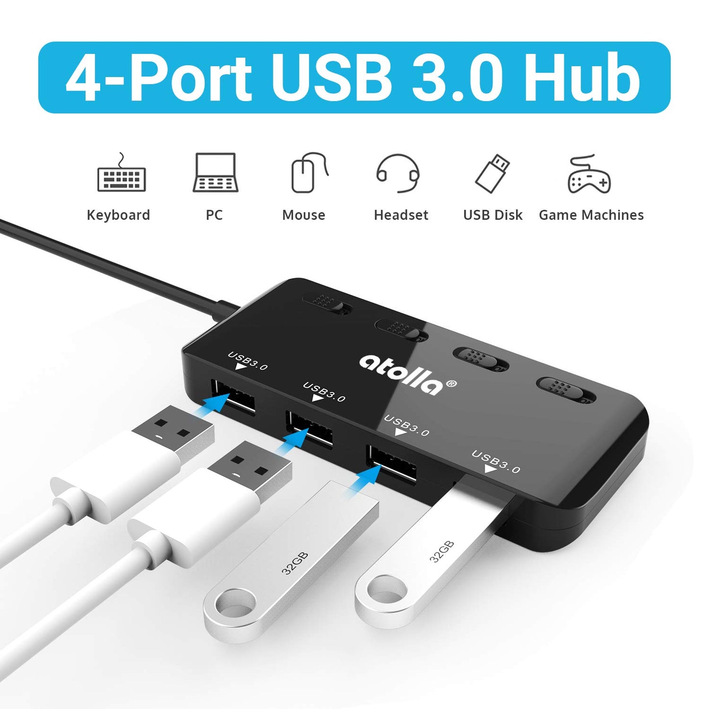 atolla 4 Port USB 3.0 Hub, USB-Hub aktiv Verteiler Datenhub 5Gbps mit einzelnen Power Schalter und LEDs