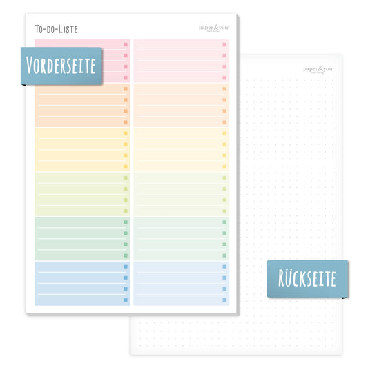 paper&you® A5 To-do Listen Block "Rainbow" 50 Blatt inkl. Notizblock auf der Rückseite - nachhaltig & klimafreundlich