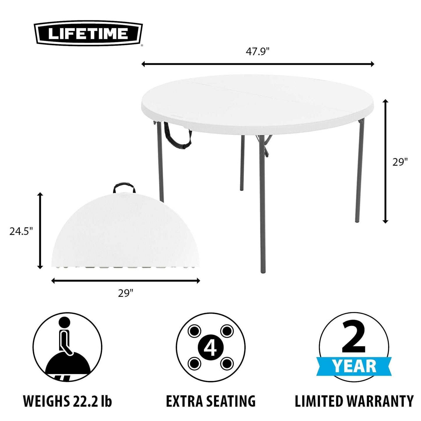 Lifetime 280064 Büro-Rundtisch, höhenverstellbar, auf die Hälfte zusammenklappbar, 4 Füße (1,2 m), granitweiß, White Granite
