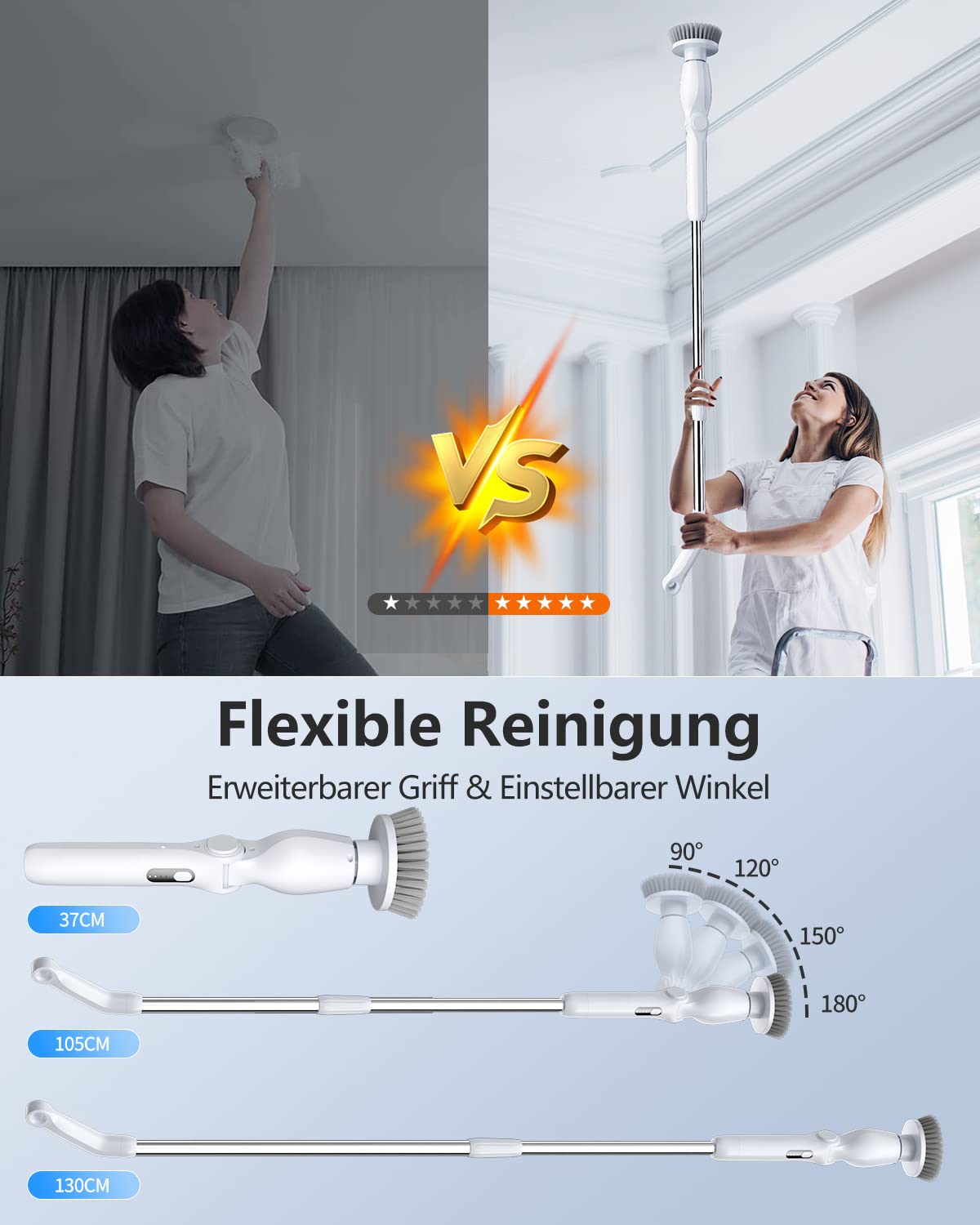 Leebein Elektrische Reinigungsbürste, 2023 Neues Spin Scrubber mit 8 Austauschbaren Bürstenköpfen, Verstellbarem Verlängerungsgriff 37-130CM & 2 Rotationsgeschwindigkeiten für Bad/Küche/Auto