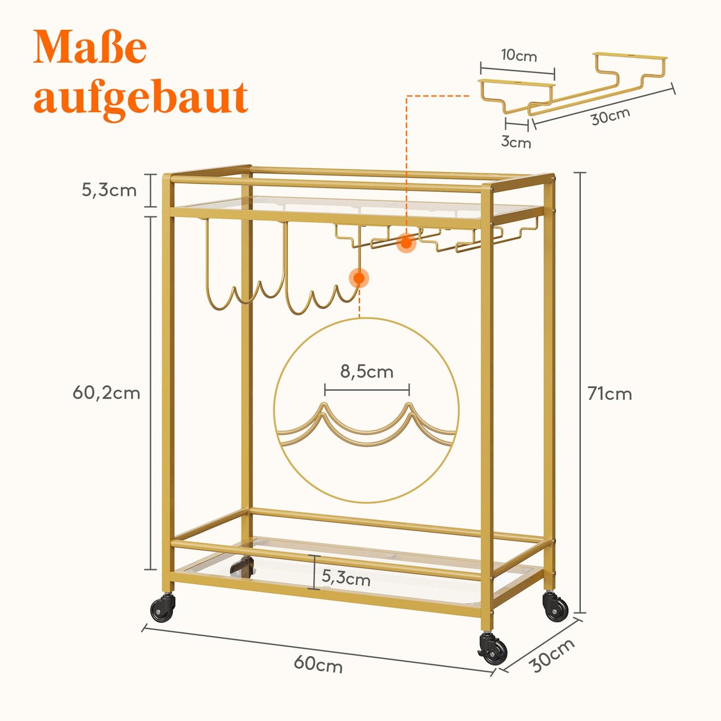 Lifewit Barwagen, Servierwagen mit 2 Etagen Glasböden, rollender Alkoholwagen mit feststellbaren Rädern, Glashalter und Weinregal, Getränkewagen für Küche, Esszimmer und Wohnzimmer, Gold