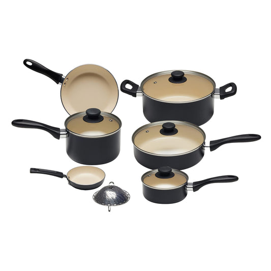 Amazon Basics 11-teiliges Kochgeschirr-Set mit Töpfen und Pfannen aus Keramik, antihaftbeschichtet, PFOA- und PTFE-frei, Schwarz/Creme