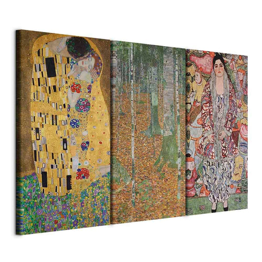 murando - Wandbilder Set 3 tlg Wanddeko Collage 3er 135x90 cm (je 45x90 cm) – Leinwandbild Wohnzimmer Schlafzimmer - Klimt Warme Malerei Zusammensetzung Gelb Gustav l-G-10411-b-a