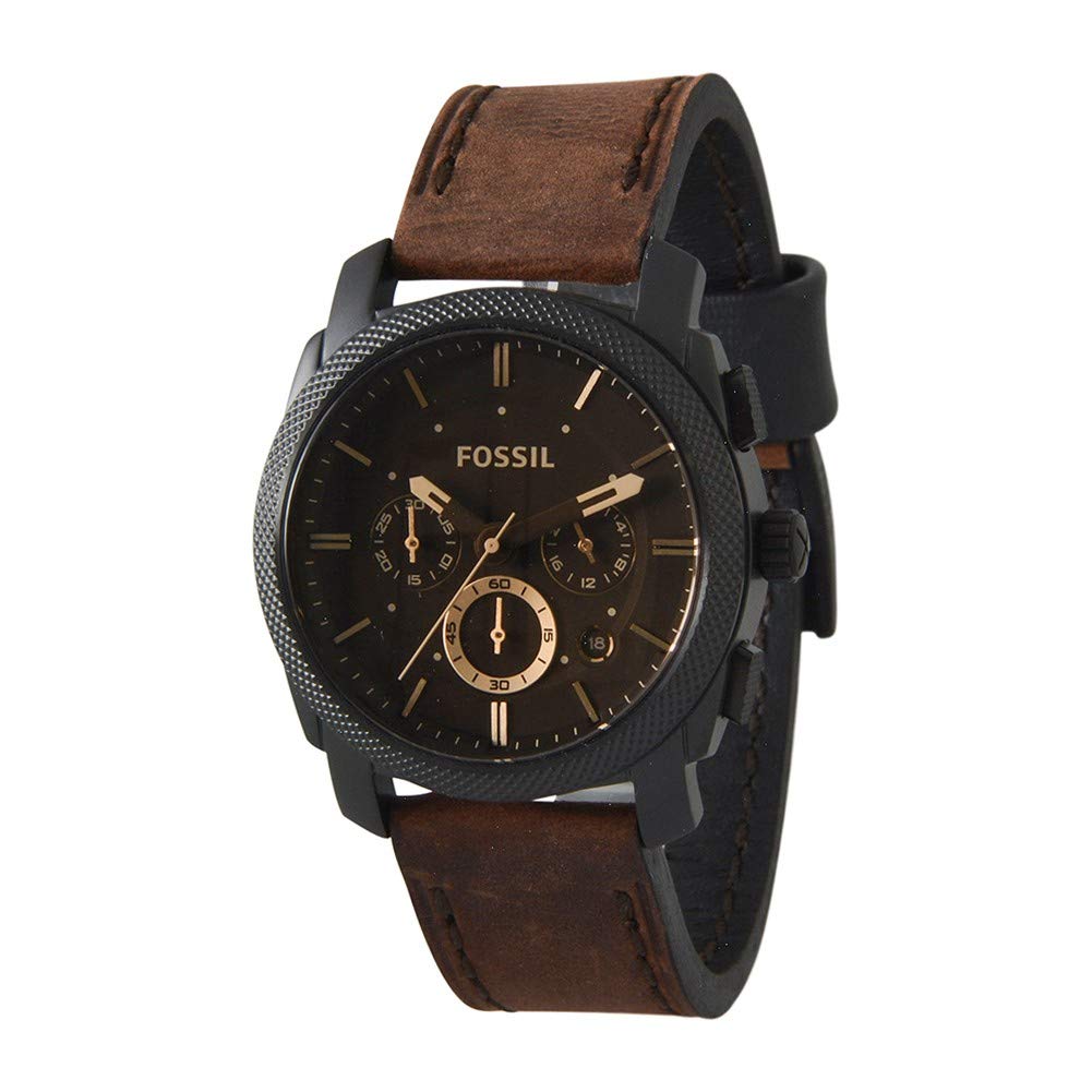 Fossil Machine uhr für Herren, Chronographenwerk mit Edelstahl- oder Lederarmband, Schwarz und Braun, 42MM
