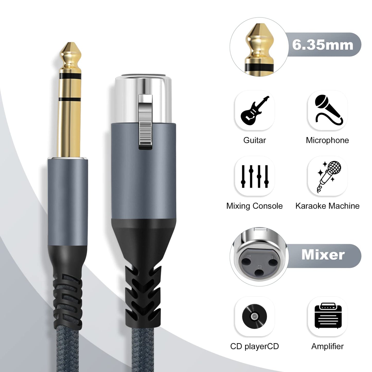 Twozoh XLR Buchse auf 6,35 mm TRS Kabel 2M, Geflochtenes Klinke Stereo 6,35 mm stecker auf 3 poliges XLR Mikrofonkabel (Professional/HiFi)