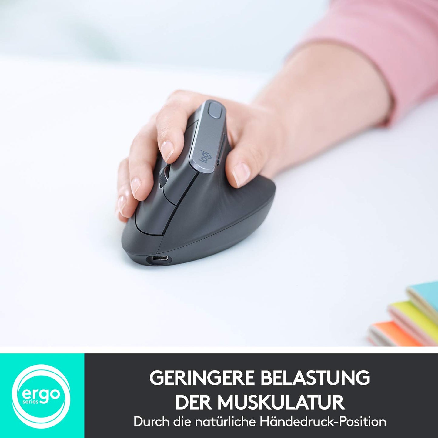 Logitech MX Vertical, Ergonomische Kabellose Maus, Bluetooth und 2.4 GHz Verbindung via Unifying USB-Empfänger, 4000 DPI Sensor, Wiederaufladbarer Akku, 4 Tasten, Multi-Device, PC/Mac/iPadOS - Graphit