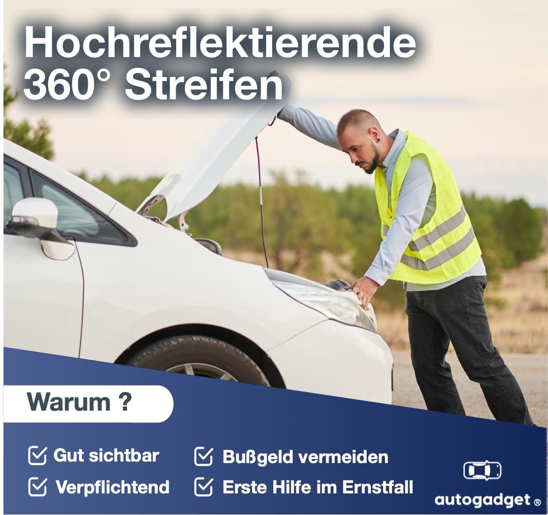 4x Stück Warnwesten Auto gelb 2025 gemäß ISO20471 - PKW & LKW Sicherheitswesten für Sicherheit im StVO - Autozubehör