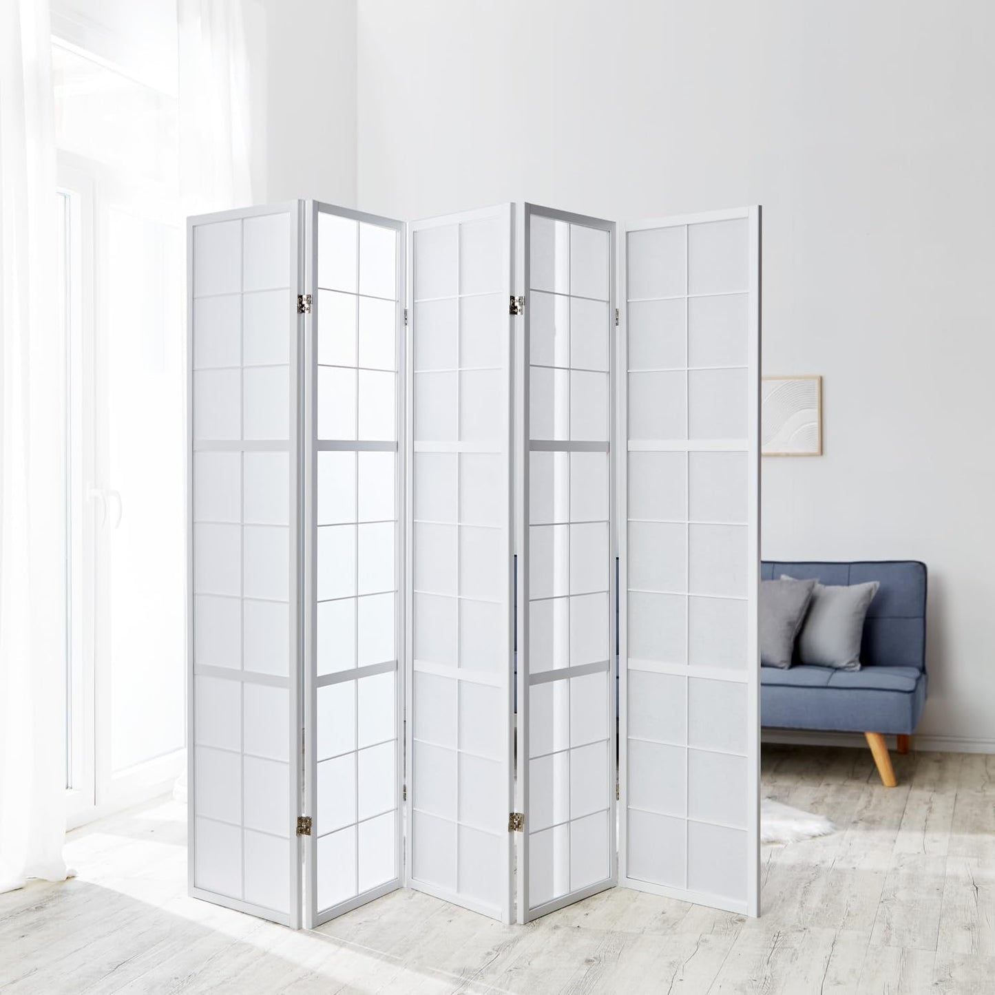 Homestyle4u 439, Paravent Raumteiler Innen 5 teilig Holz Weiß Trennwand Reispapier Höhe 175 cm