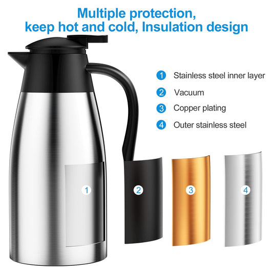 Uootach Thermokanne Isolerkanne 2 Liter, 304 Edelstahl Isolierte Isolierkanne, 24 Stunden Wärmedämmung, für Wasserkocher, Teekannen und Kaffeemaschinen zum Warmhalten von Getränken (Silber)
