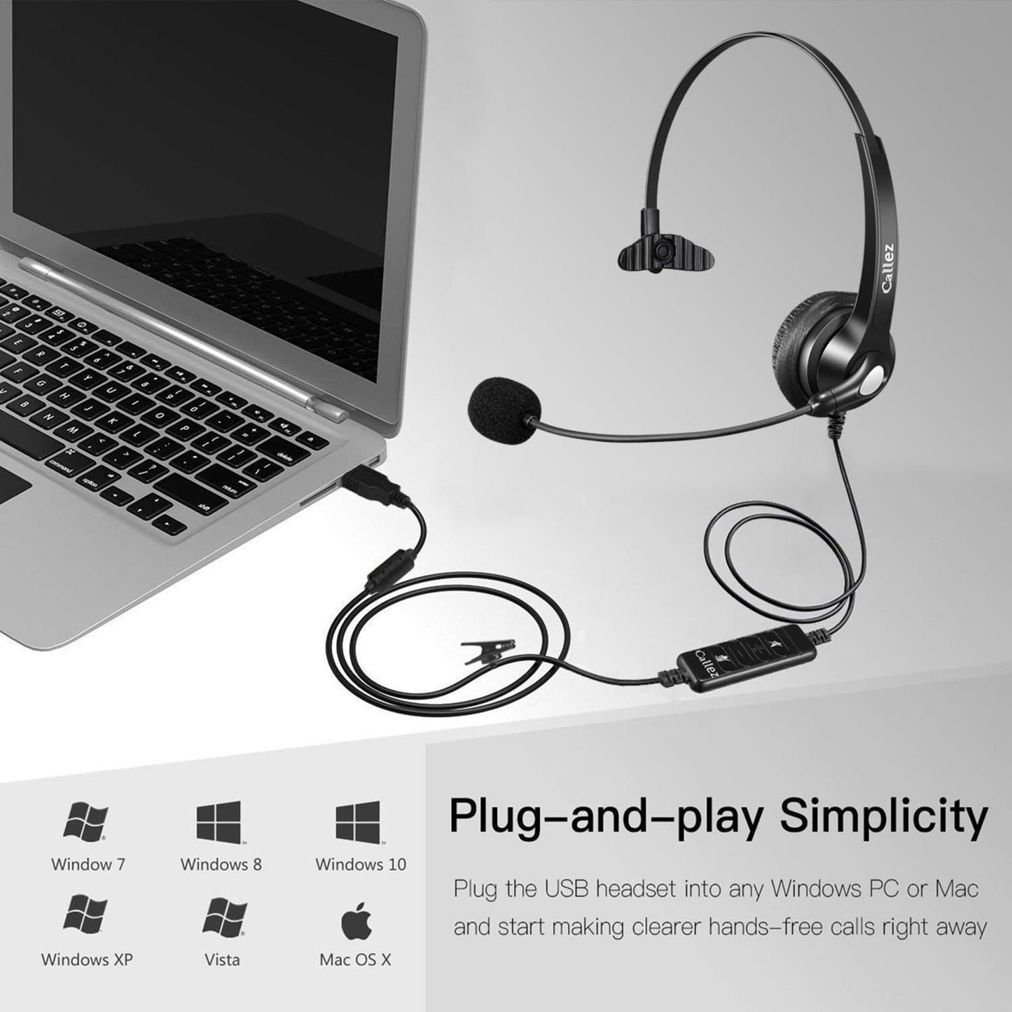 USB Headset PC für Business UC Skype Lync SoftPhone Call Center Office, PC Kopfhörer mit Mikrofon Noise Cancelling & Lautstärkeregler, Kristallklar Chat, Super Leicht, Ultra Komfort