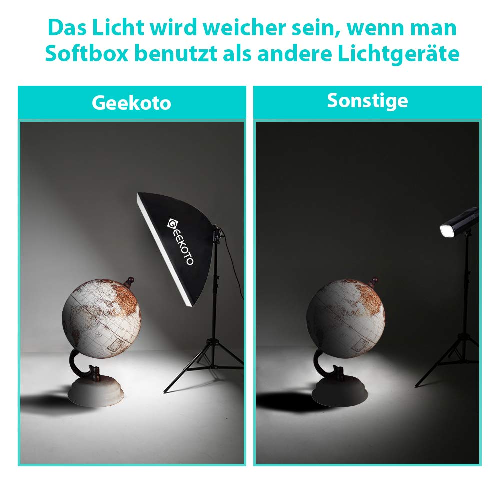 GEEKOTO Softbox Set Fotostudio 50 x 70cm, Dauerlicht Studioleuchte Set mit 2 Softboxlampen E27 85W 5500K, 2m Vollverstellbare Lichtstative für Studio-Porträts, Produktfotografie, Modefotos, usw.