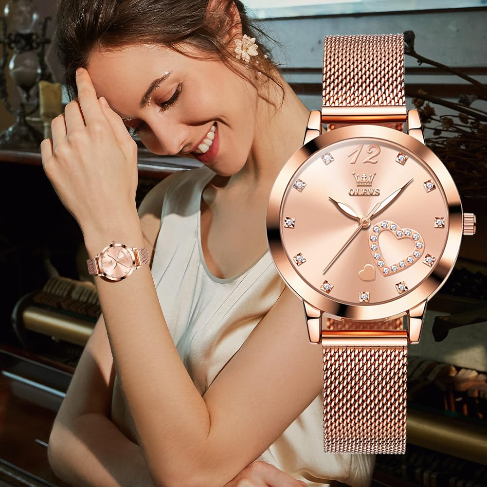 OLEVS Damenuhr Roségold mit Herz Diamant Rosa Gesicht Armbanduhr wasserdicht Armreif Armband Set Armbanduhren für Damen