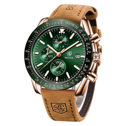 BY BENYAR Herren Business Analoger Chronograph Quarzuhr 30M Wasserdicht Leuchtende Datumsanzeige Modische Freizeituhr Sport Multifunktions Lederuhr.（Gold Grün）
