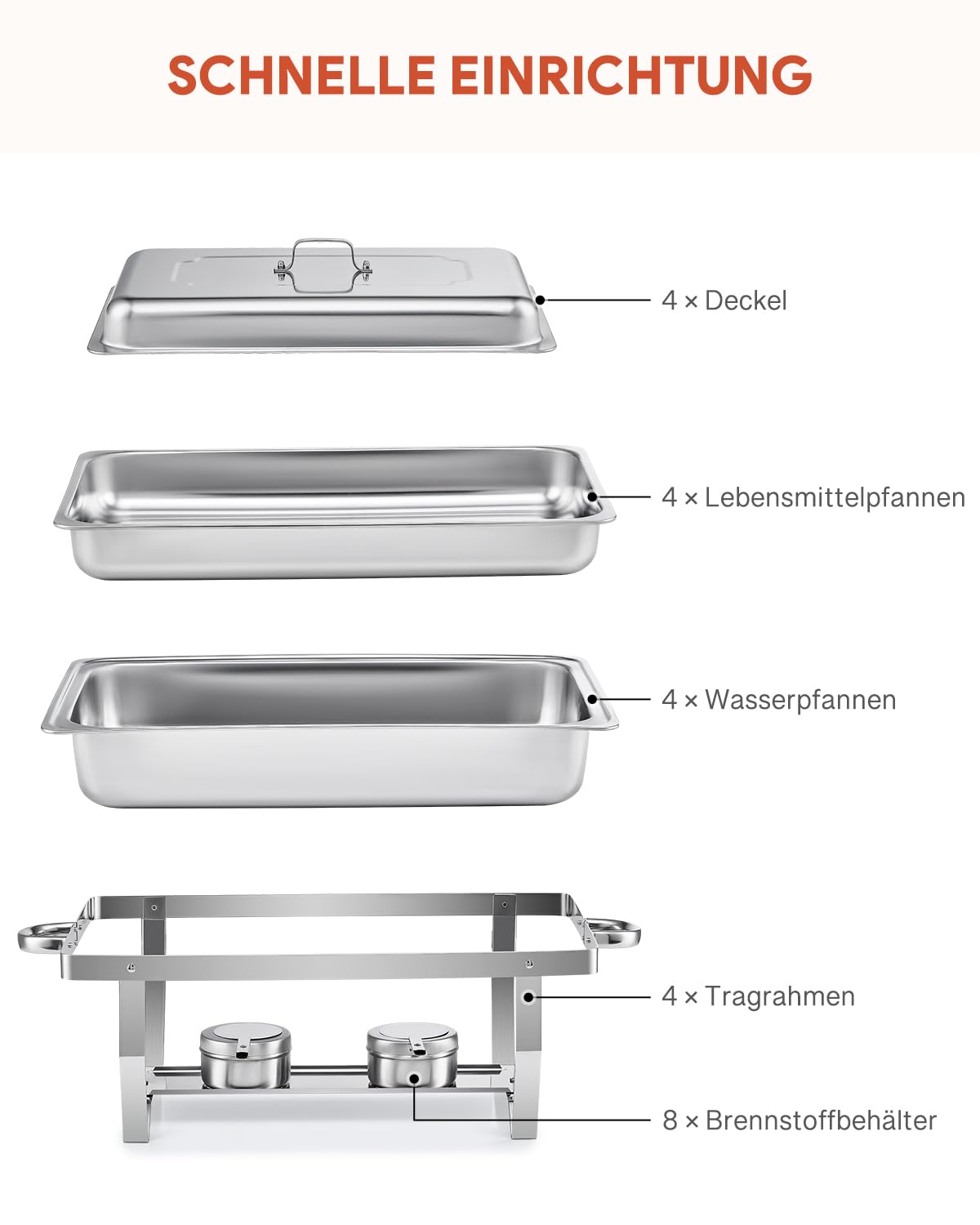 Wilprep Chafing Dish Edelstahl Buffet-Set Warmhaltebehälter Speisenwärmer Wärmebehälter Rechaud für Catering, Buffet und Party (4 Set x 9L)
