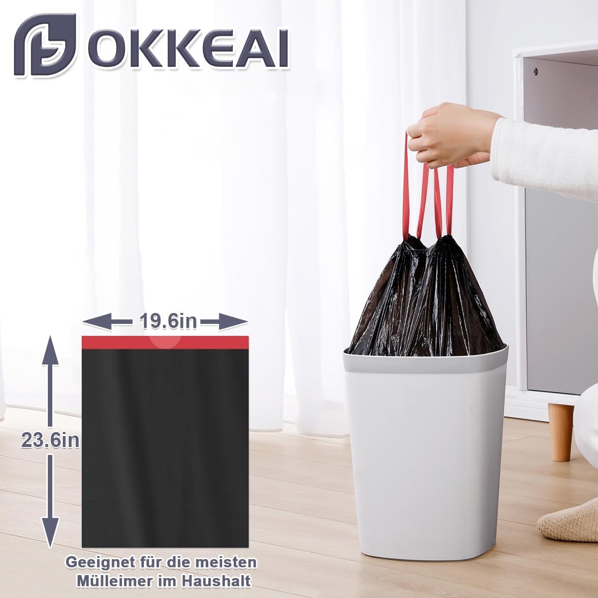 OKKEAI Schwarz Müllbeutel 15L mit Zugband Kleine Mülltüten,75 Stück Reißfest Müllsacks