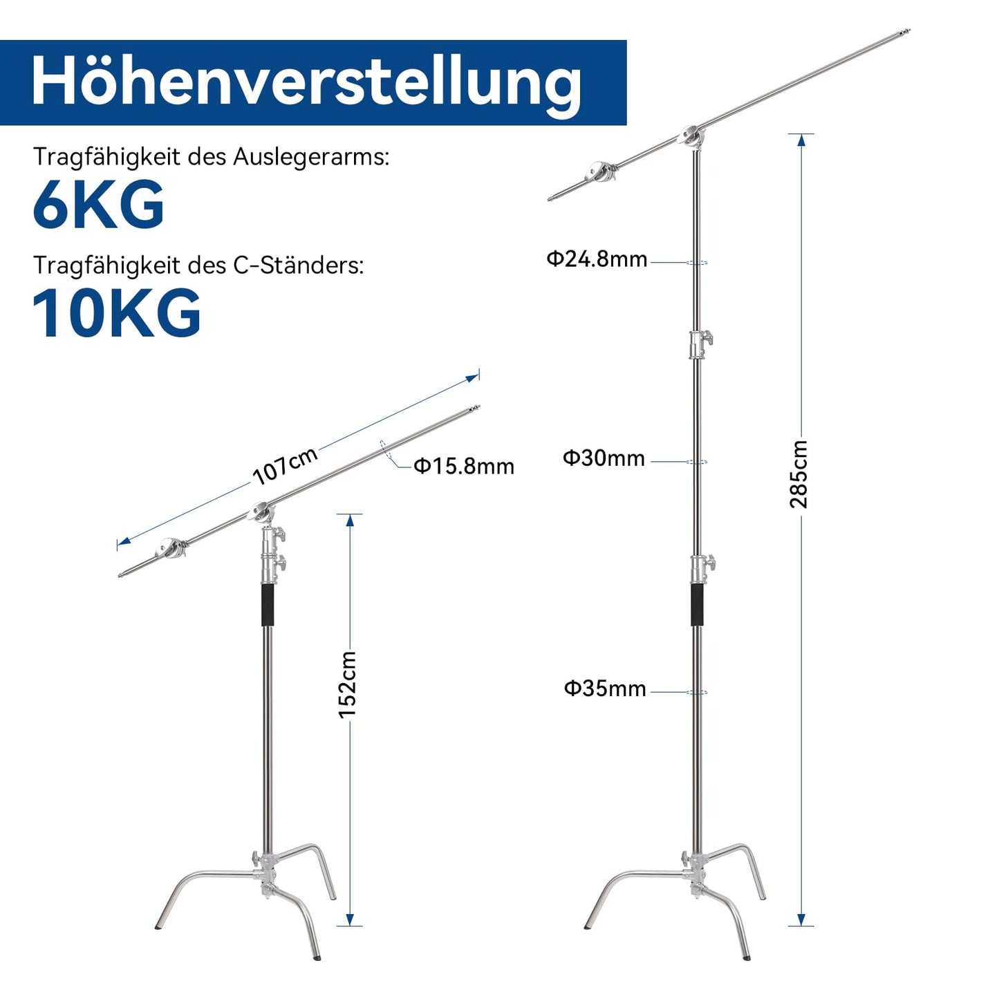 C Ständer aus Edelstahl mit Galgenarm, AQIRUI 285 cm verstellbares C Ständer Lichtständer mit 107 cm Haltearm, 2 Griffköpfen und Balance-Sanbag für Produktporträt-Videofotografie