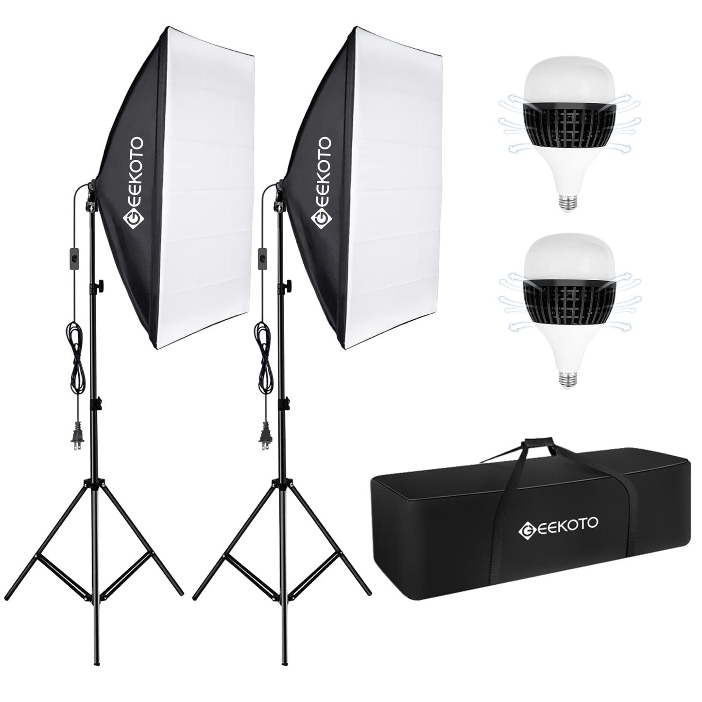 GEEKOTO Softbox Set Fotostudio 50 x 70cm, Dauerlicht Studioleuchte Set mit 2 Softboxlampen E27 85W 5500K, 2m Vollverstellbare Lichtstative für Studio-Porträts, Produktfotografie, Modefotos, usw.