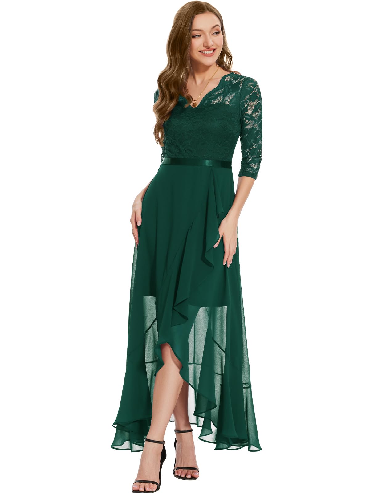 Bbonlinedress Abendkleider Langarm elegant Damen Winterkleid Spitze Chiffon V-Ausschnitt Brautjunferkleid Party Abschlusskleid Ballkleid festliches Weihnachtskleid Dark Green XL
