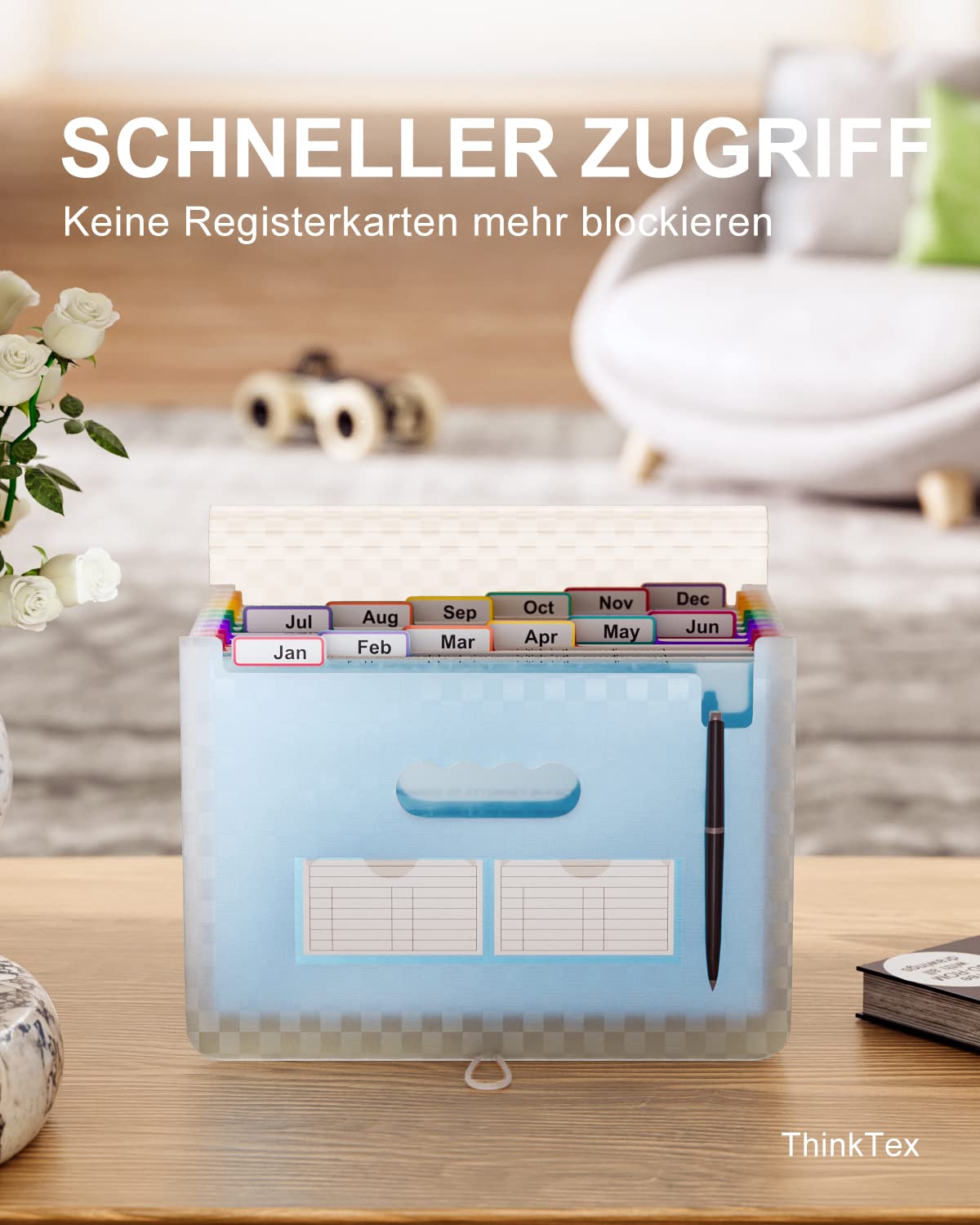 ThinkTex Accordian Aktenordner, 12 Fächer, erweiterbare Aktenordner, tragbarer monatlicher Rechnungsbeleg-Organizer, bunte Registerkarten, A4-Größe – Blau