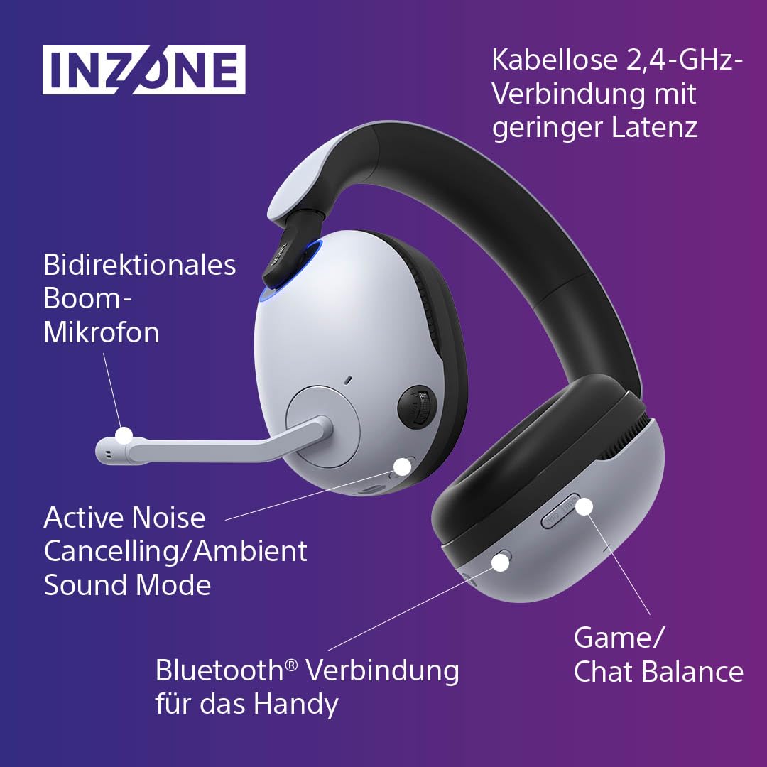 Sony INZONE H9 - Kabelloses Gaming Headset mit Noise Cancelling, 360-Raumklang für Gaming, bequeme Passform, 32h Akku, geringe Latenz, hochwertiges Boom-Mikrofon, kompatibel mit PC & PS5 - Weiß