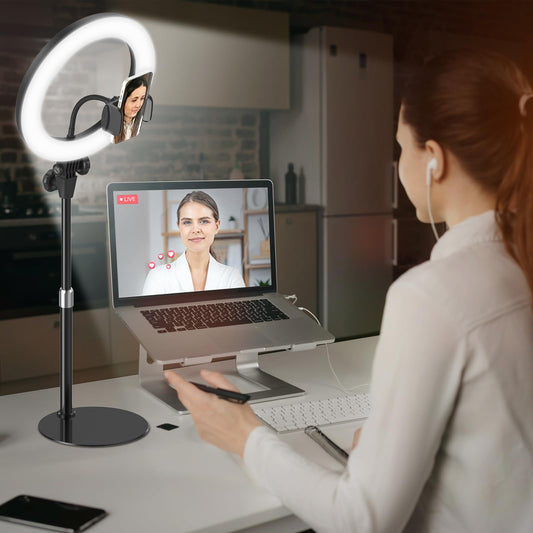 Ringlicht mit Stativ Handy Laptop Videokonferenz Licht,Evershop 10.5” Ring Light Ringleuchte LED 3 Lichtfarben+10 Helligkeiten 360°Drehbar Schreibtisch Streaming Beleuchtung Licht YouTube Tiktok