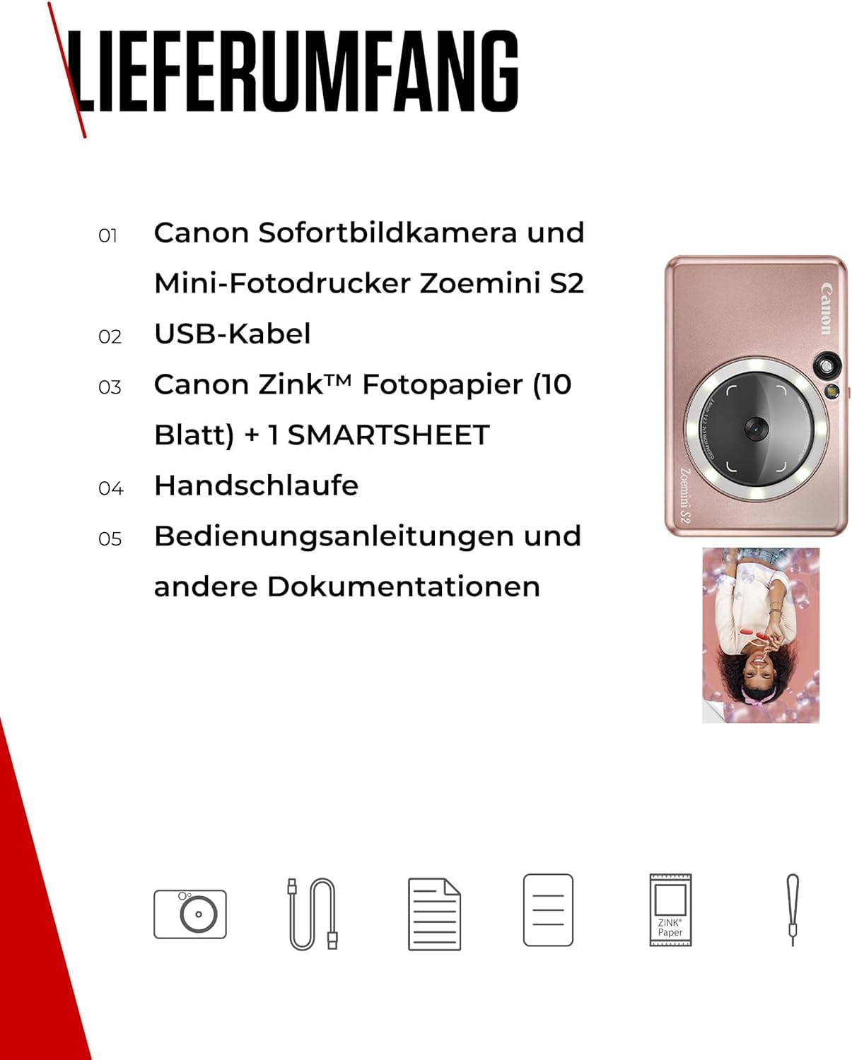 Canon Zoemini S2 Mini Sofortbildkamera + Fotodrucker mobil tragbar unterwegs Hosentasche (Fotodruck 5x7,6 cm, kabelllos, eingebauter Akku, Canon App, Bluetooth) roségold [+ 10er Zink Druck-Set]