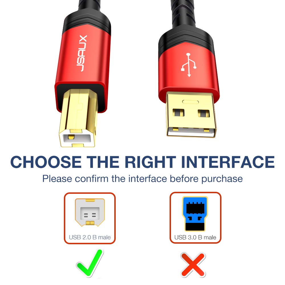 JSAUX USB Druckerkabel 3M Scannerkabel USB B Kable USB A auf USB B Drucker Kabel Printer Cable Kompatibel für HP, Canon, Brother, Epson, Lexmark, Xerox, Samsung, Dell - ROT