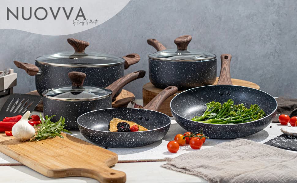 Antihaftbeschichtete Töpfe und Pfannen Set - Induktionskochfeld Topfset - 8 Stück Küche Kochgeschirr mit Deckel - Kochen Marmor Topf Töpfe und Pfannen - von Nuovva