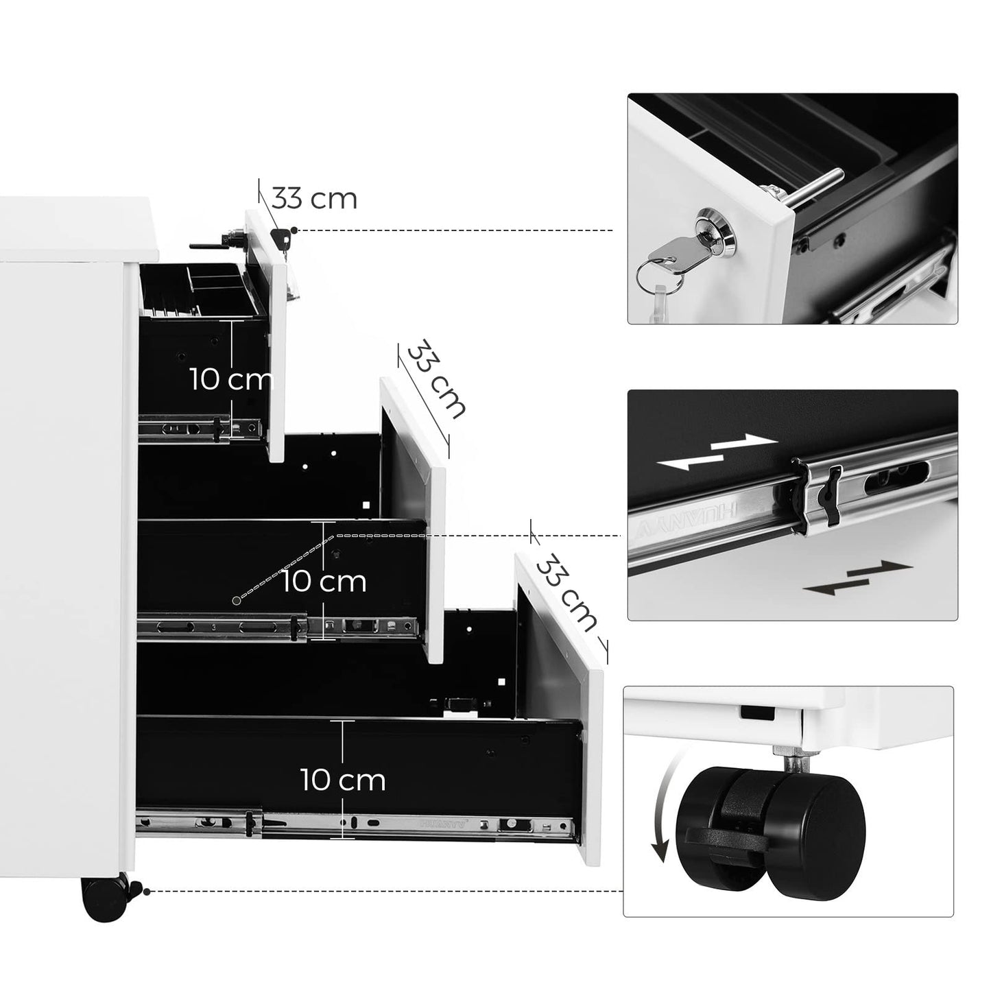 SONGMICS Rollcontainer, Metallschrank, mobiler Aktenschrank, Druckertisch, abschließbar, 3 Schubladen, Unterschrank, vormontiert, Büro, Homeoffice, 45,1 x 39 x 53,8 cm, wolkenweiß OFC63WT