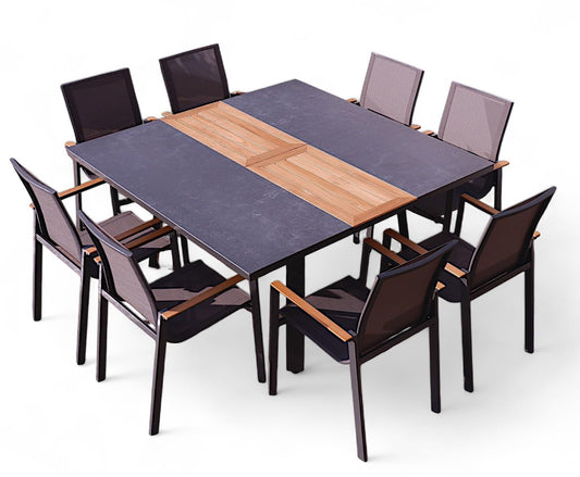 ALEOS. Gartengarnitur Gartenset Aluminium Teak Set mit quadratischem Ausziehtisch 150x110cm auf 150cm ausziehbar + 8 Stapelstühle anthrazit Trinidad