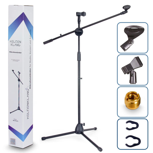 Heldenklang® Mikrofonständer für 2 Mikrofone – Mit Schwenkarm, 2 Mikrofonklemmen und Adapter – Extra großer Tripod Standfuß für einen stabilen Stand